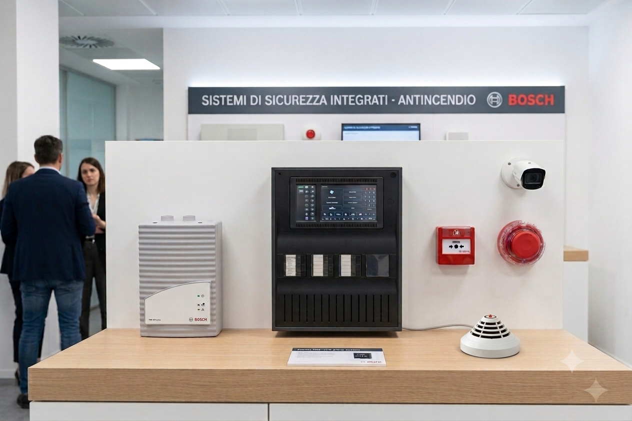 Showroom Bosch: centrale AVENAR, rivelatore, pulsante manuale e telecamera per la sicurezza antincendio